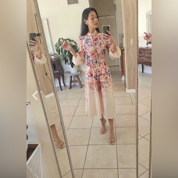 NEW Commense Belted Balloon Long Sleeve Floral Butterfly Dress Midi, XS - Picture 12 of 16